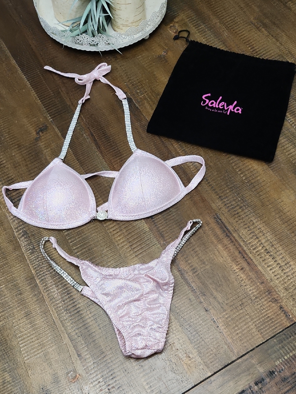 Saleya Pink Shimmer Competition Bikini Set with Rhinestone Straps Sz XL